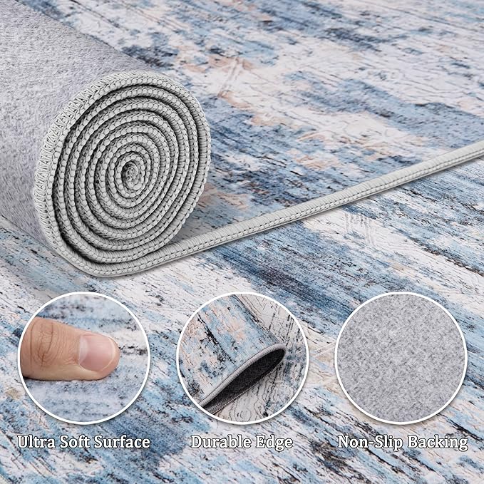 9x12 Area Rug Living Room Rugs - Washable Rug Large Modern Abstract Soft Thin Carpets Indoor Floor No Slip Vintage Carpet for Bedroom Under Dining Table Nursery Home Office Decor Blue