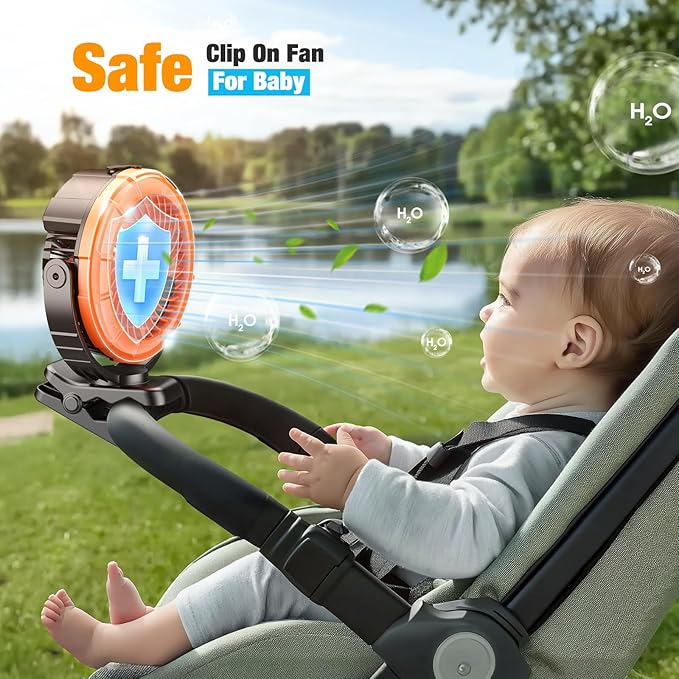 Ausic Portable Misting Clip on Fan, 100ml Camping Stroller Fan with LED, Max 45H Working Time Golf Cart Fans, 360° Rotate Cooling Spray, Outdoor Rechargeable Battery Fans for Travel/Home/Beach