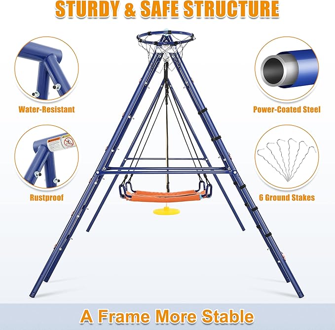 Swing Set for Backyard 550lbs - 6 in 1 Playground Sets for Backyards Safe Platform Swing for Kids Outdoor Heavy Duty Metal Frame with 3 Adjustable Swings Climbing Net Climbing Ladder Basketball Hoop