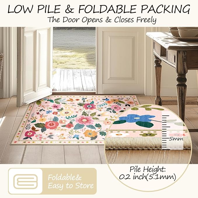 Floral 8x10 Area Rug Machine Washable Soft Print Boho Carpet Non Slip Doormat Low Pile Flower Area Rugs for Living Room Bedroom Nursery Kitchen Dining Room Indoor-Pink