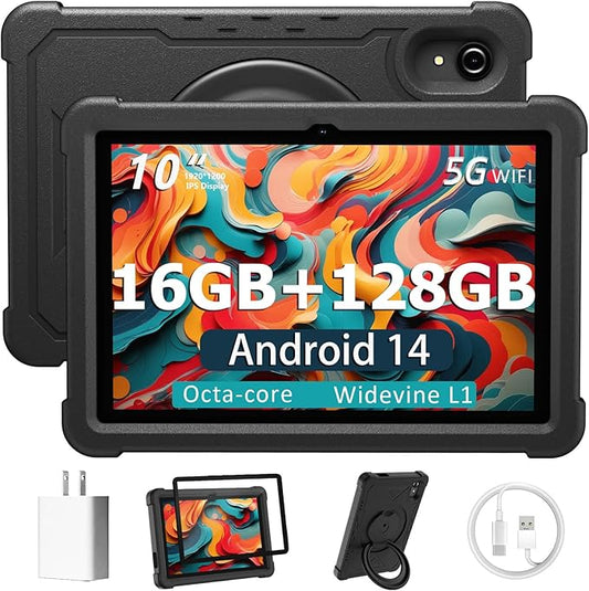 Tablet 10 Inch Android 14 Tablet, 16GB RAM 128GB ROM, 1TB Expansion, Octa-core, Large Capacity Battery, 5MP + 8MP Dual Camera, 5G/2.4G WiFi, Bluetooth 5.0, GPS, Drop-Proof Case - Black (Black)