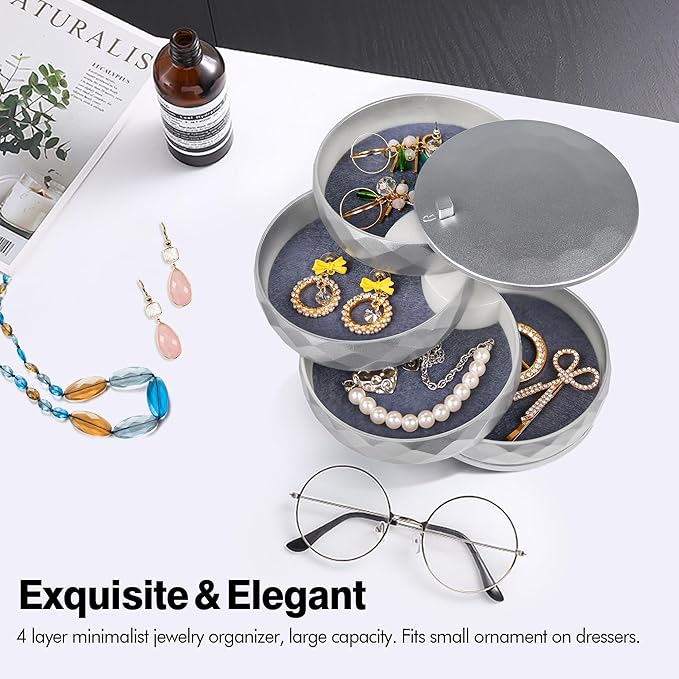 CONBOLA Travel Jewelry Case Box, Small Jewelry Organizer Earring Holder for Women, 5-Layer Rotating Jewelry Storage Tray with Lid for Bracelets Rings Bracelets