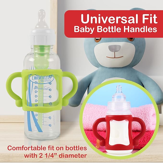 TonGass (3-Pack) Bottle Handles for Dr Brown Narrow Baby Bottles with Easy Grip Handles to Hold Their Own Bottle - BPA-Free Soft Silicone - Red Green and Blue
