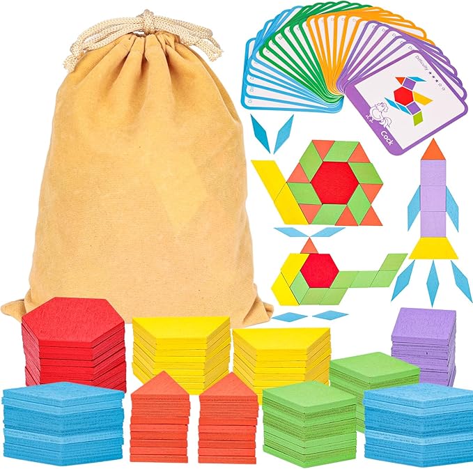 LovesTown 209 PCS Shapes Wooden Pattern Blocks for Kids,Geometric with Activity Cards and Storage Bag, Educational Tangram Puzzles,Great Learning Gift from Parents or Teachers