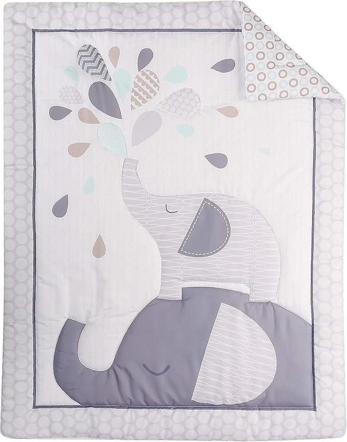 6 PCs Grey White Elephant Nursery Crib Bedding Set Quilt, Fitted Sheet, Skirt, Window Valance, Blanket, Diaper Organizer Baby Boy Elephant Theme Cot Bedding Set