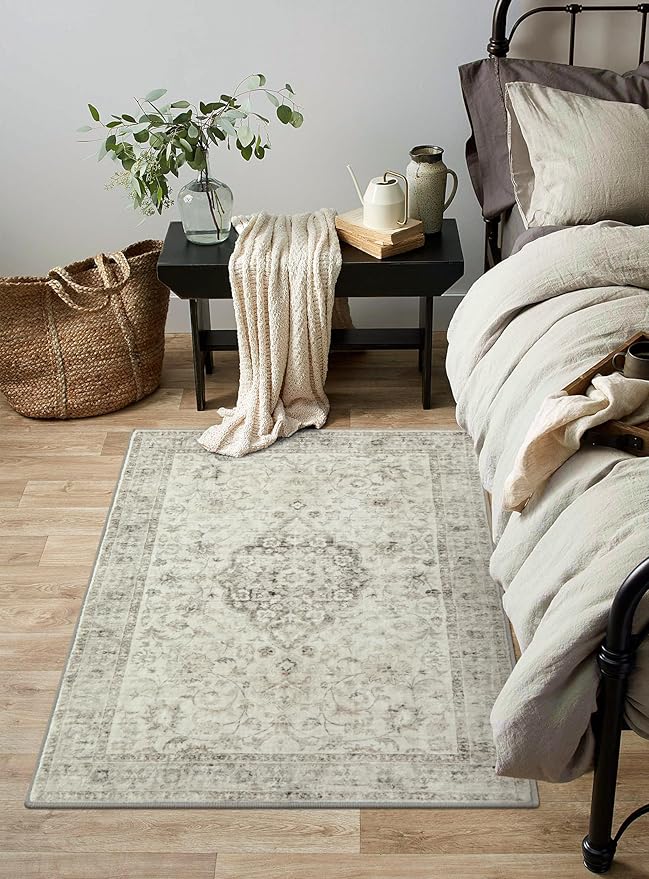 LIVEBOX Entryway Rug 3x5 Washable Area Rugs for Kitchen Bathroom, Non-Slip Front Door Mat for Bedroom, Boho Low-Pile Carpet Farmhouse Throw Indoor Mats for Bath Laundry Room, Taupe
