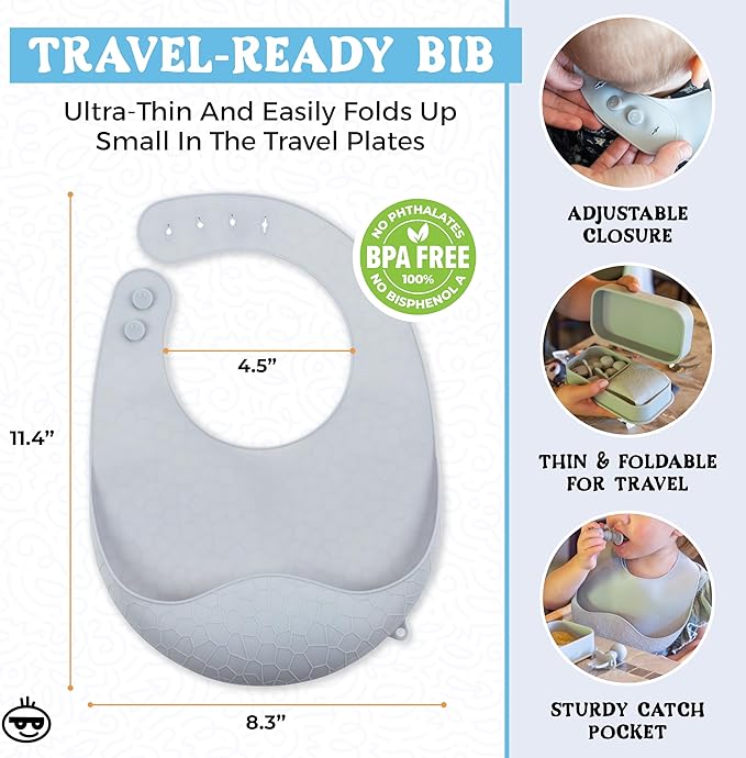 Travel Silicone Portable Feeding Supplies - Toddler Suction Plates, Silicone Baby Spoon & Fork, Lightweight Foldable Bib & Waterproof Storage Bag - 6 Piece Set