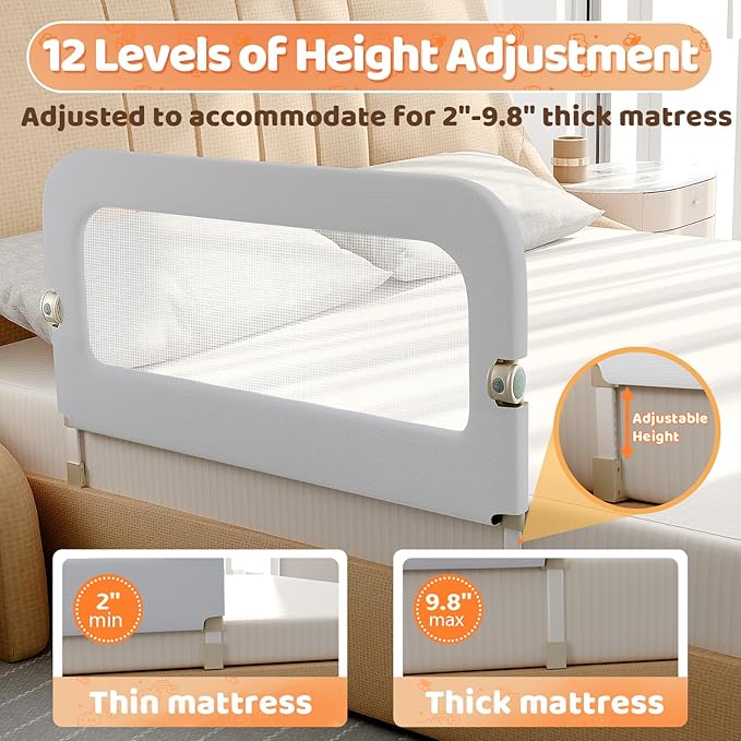 Bed Guard Rail for Toddlers - 47inch Foldable & Adjustable Height Baby Bed Safety Side Rails - Large Toddler Crib Railing Guard for Twin, Bunk, Full Size, Queen & King, Full Size Bed Grey