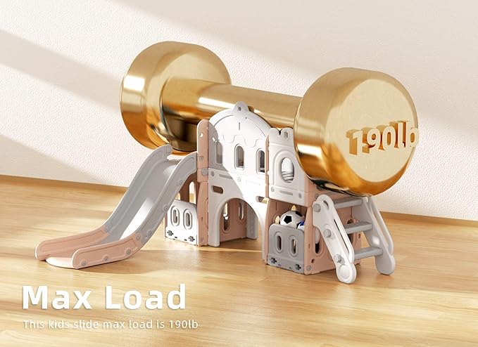 8 in 1 Toddler Slide, Kids Climber Slide with Storage Space and Non-Slip Steps, Indoor Outdoor Playset with Basketball Hoop and Telescope, Slide for Toddlers Age 1-3, Pink White