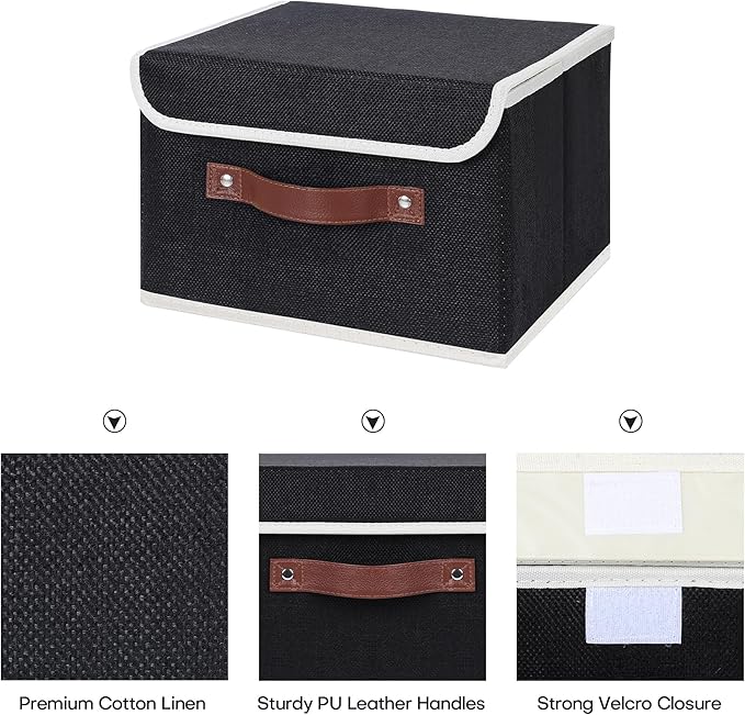 ANMINY 2PCS Storage Bins with Lid PU Leather Handles Storage Boxes PP Plastic Board Decorative Foldable Lidded Cotton Linen Fabric Home Cubes Baskets Closet Organizer Containers - Black, Large Size