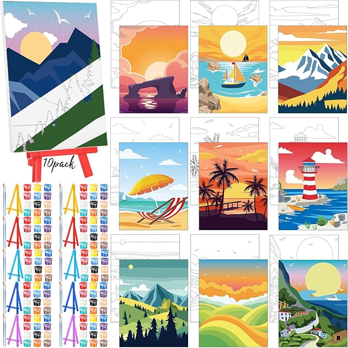 Blosssound 10 Set Pre Printed Canvas Pre Drawn Canvas Painting with Easel Kits 5" x 7" Outline Painting Panels for Beginners, DIY Craft Project, Party Favor, Home Decors(Summer)