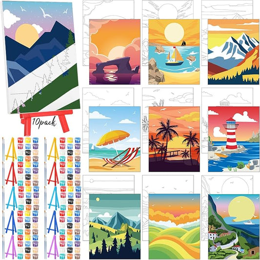 Blosssound 10 Set Pre Printed Canvas Pre Drawn Canvas Painting with Easel Kits 5" x 7" Outline Painting Panels for Beginners, DIY Craft Project, Party Favor, Home Decors(Summer)