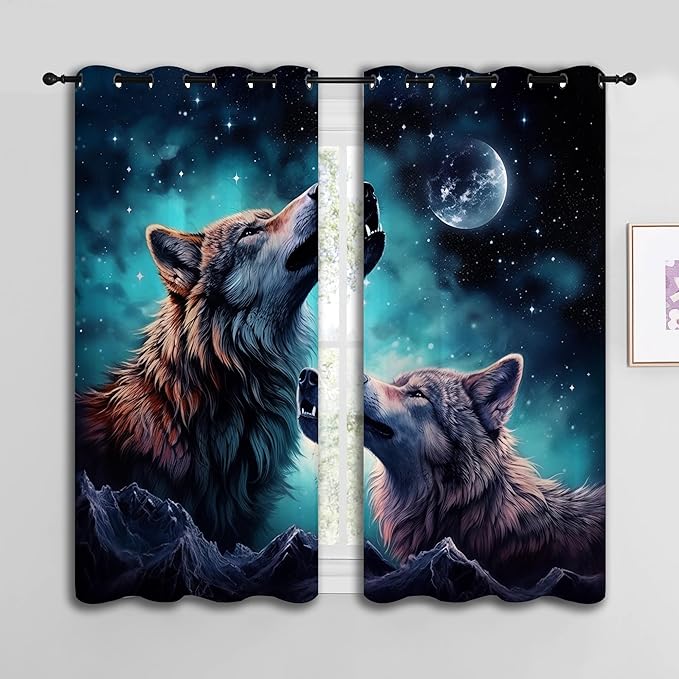 Wolf Blackout Curtains for Boys Girl Bedroom Decor,Starry Sky Howling Wolf Under The Full Moon Thermal Insulated Grommet Drapes Darkening Window Curtain for Living Room Home 42x45 inch