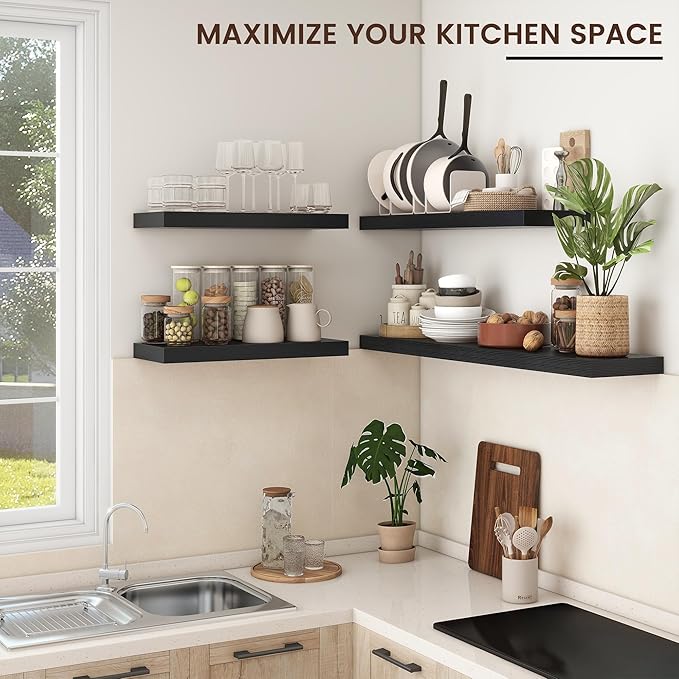 Floating Shelves - 2 Large Wall Mounted Shelves with Invisible Brackets, Long Wood Floating Wall Shelf for Living Room, Bedroom, Kitchen (Black, 48" W x 9" D x 1.5" H)