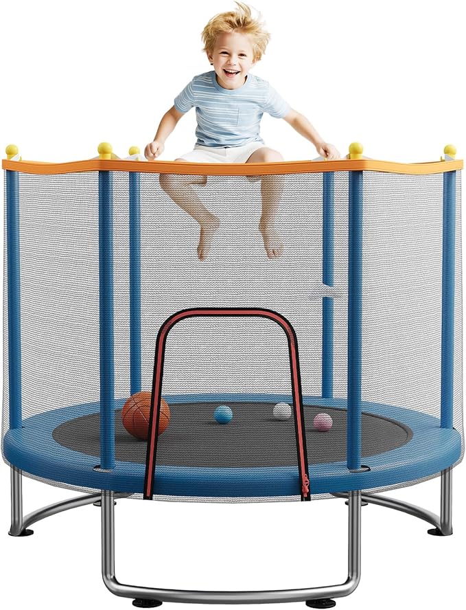 Kids Trampoline with Safety Net – 440lbs Capacity, Upgraded Rust-Proof Ring Legs, Adjustable Gymnastics Bar & Toys – Indoor Outdoor Toddler Trampoline for Boys & Girls Ages 1-8