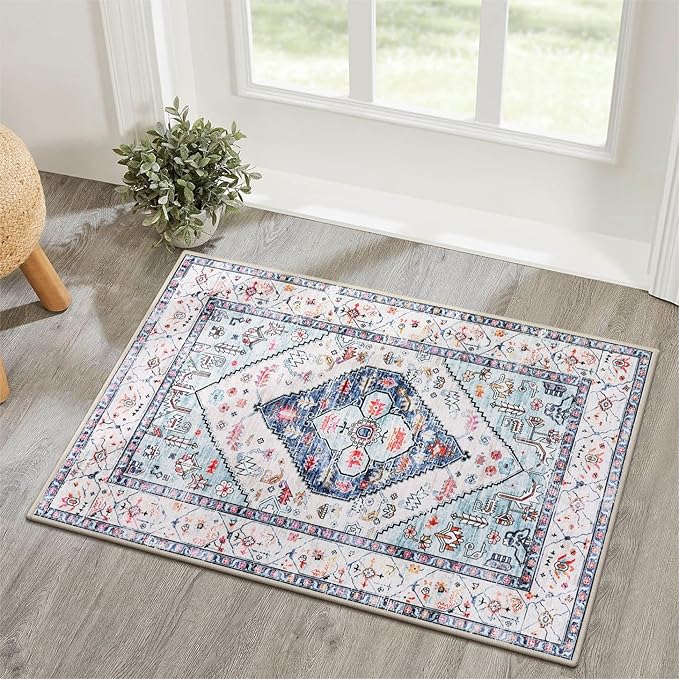Lahome Boho Round Rug - 8Ft Washable Area Rug, Non-Slip Small Bathroom Rug, Lightweight Bedroom Throw, Oriental Distressed Print Carpet for Entryway, Sofa, Nursery, Kids Room
