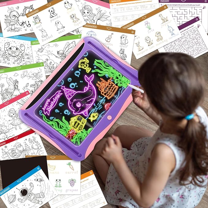 Magic LED Drawing Board for Kids, Girls Toys Age 6-8, Light Up Tracing Pad with 9 Double-Sided Cards, 6 Washable Markers, Arts & Crafts Kits Learning Toy Glow Up Doodle Board Christmas Birthday Gifts