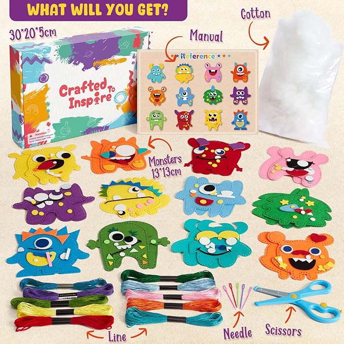 TUZT My First Sewing Kit for Kids - Monster Sewing Craft Kit for Beginners with 12 Pre-Cut Monster Plush Toys, Scissor, Plastic Needles & Thread, DIY Felt Crafts Project for Girls & Boys Ages 4-12
