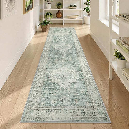 LIVEBOX Washable 2x8 Runner Rug for Bathroom, Non Slip Kitchen Mats for Floor Entryway, Boho Indoor Front Door Mat Low-Pile Runners for Hallways, Farmhouse Rugs for Laundry, Sage Green