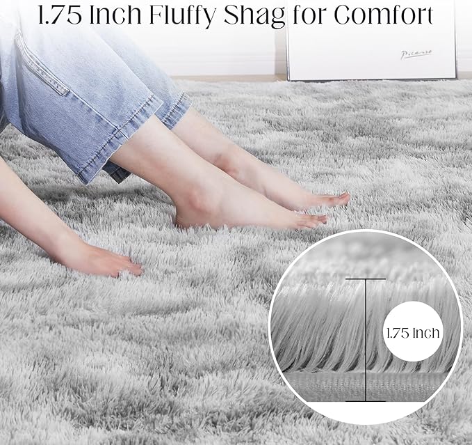 6x9 Area Rugs for Living Room, Fluffy Shaggy Bedroom Rug Indoor Carpet, Anti-Skid Soft High Pile Rug for Nursery, Kids Room, Bedside, Home Decoration, Tie-Dyed Light Grey