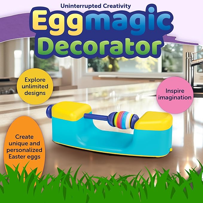 MindWare Eggmagic Decorator Dynamic Easter Egg Coloring Kit with Automatic 360 Egg Spinner and Vibrant Non-Toxic Marker Set (8 ct) for Creative Family Fun Decorating Activity