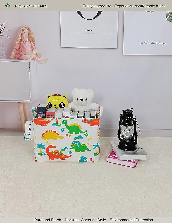 Rectangular Folding Laundry Basket, Canvas Basket,Nersury Hamper,Suitable for Children,Office,Bedroom,Clothes,Toys Storage（Dinosaur Paradise） (1)
