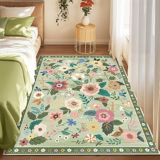 Floral 3x5 Area Rug Machine Washable Soft Print Boho Carpet Non Slip Doormat Low Pile Flower Area Rugs for Living Room Bedroom Nursery Kitchen Dining Room Indoor-Light Green