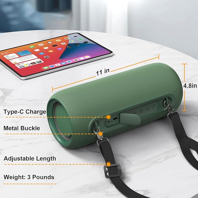 Passau Portable Bluetooth Speakers 40W Peak Loud Stereo Sound, Passive Radiators-Deep Bass, All Day Playtime, Adjustable Strap, BT5.3, IPX5 Wireless Speaker RGB Lights for Indoor Outdoor-Green