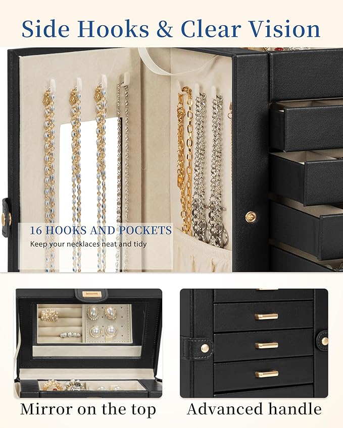 AKOZLIN Jewelry Box 6-Tier Organizer Functional 360° Rotating Jewelry Storage Case for Women Girls Ring Necklace Earring Bracelet Holder with Mirror