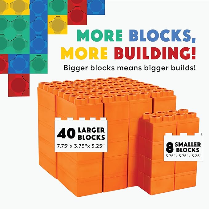 Big Blocks for Kids Ages 4-8 — Indoor & Outdoor Blocks Kids Games — Orange Large Building Blocks - 48 pc