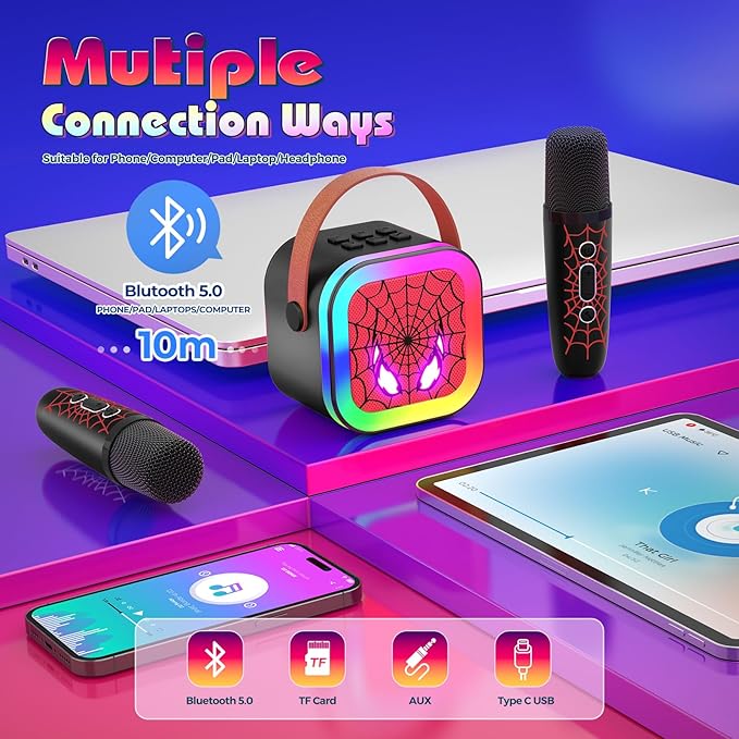 LED Mini Karaoke Machine for Kids: Birthday Gifts for Boys 3 4 5 6 7 8 9 10 Year Old Kid Microphone Toys for Boy Ages 4-8 Portable Bluetooth Speaker with 2 Wireless Mics for Kids Girls Adult