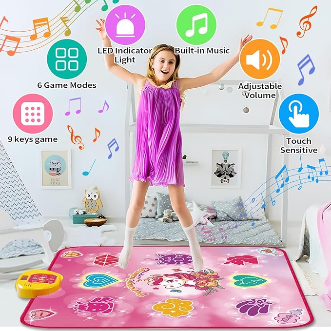Unicorn Dance Mat Toys for 3-12 Year Old Girls, Dance Pad with LED Lights, Built-in Music, 6 Game Modes, Electronic Dancing Mat as Christmas Birthday Gift for 3 4 5 6 7 8 9+ Girls (Pink)