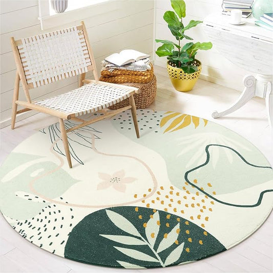 Lahome Boho Round Rugs - 4Ft Washable Non-Slip Small Round Area Rug Throw Soft Cute Round Nursery Rug Non-Shed Lightweight Bathroom Rug, Green Botanical Print Circle Rug for Bedroom Dorm Kids Room