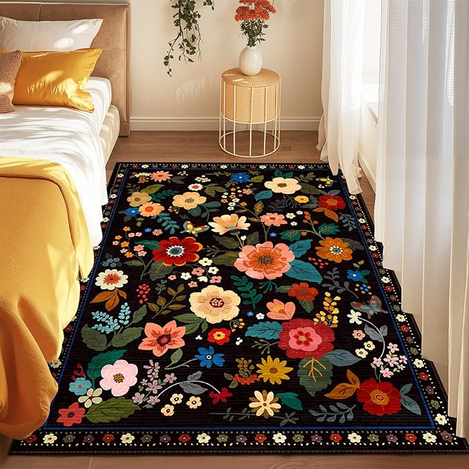 Floral 3x5 Area Rug Machine Washable Soft Print Boho Carpet Non Slip Doormat Low Pile Flower Area Rugs for Living Room Bedroom Nursery Kitchen Dining Room Indoor-Black