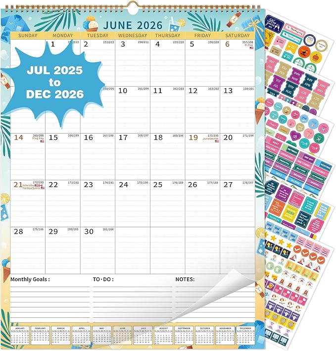 Wall Calendar 2025-2026 Large with Spiral Bound, 18 Month Big Calendar from Jul 2025 to Dec 2026, Vertical Large Monthly Desk Calendar 2025-2026 for Wall, Calendario 2026 (17"x22")