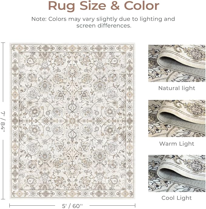 Washable Area Rug 5x7 for Living Room & Bedroom, Large Neutral Floral Rugs, Soft & Non Slip, Low Pile Wool Carpets for Indoor Under Table Dining Home Office Nursery Playroom, Beige