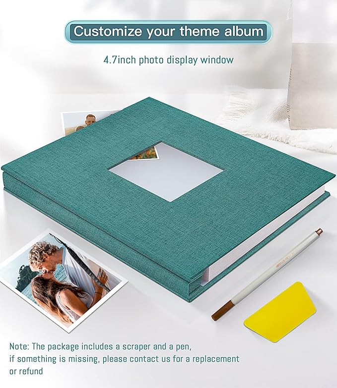 popotop Photo Album Self Adhesive with Picture Display Window,60 Pages DIY Scrapbooking Supplies Kit for 4x6 10x12 Picture,Linen Cover Memory Book for Baby Wedding, with Scraper and Metallic Pen
