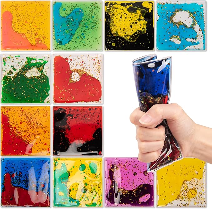 Art3d 6”x6” Square Sensory Fidget Liquid Motion Tiles for Kids, Toddler, Teens - Interactive Soft Gel Liquid Play Mats for Home, Schools, Playrooms, Multi-Pack of 12 Tiles