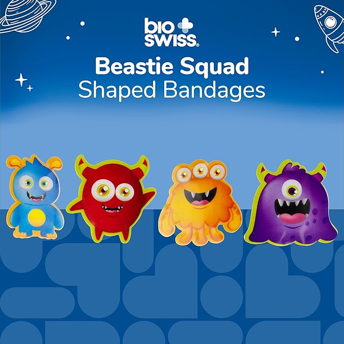 Bioswiss Bandages, Beastie Squad Shaped Self Adhesive Bandage, Latex Free Sterile Wound Care, Fun First Aid Kit Supplies for Kids and Adults, 24 Count
