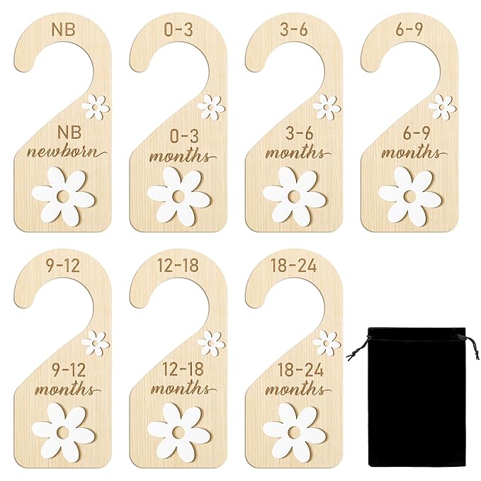 R HORSE Wooden Baby Closet Dividers - 8Pcs Double-Sided 3D Daisy Nursery Closet Organizer Baby Clothes Size Hanger Dividers Newborn Nursery Decor Birthday Gift for Boy Girl (0-24 Months)