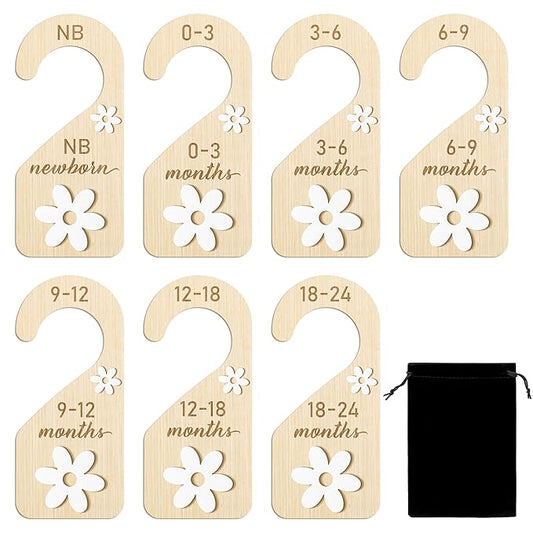 R HORSE Wooden Baby Closet Dividers - 8Pcs Double-Sided 3D Daisy Nursery Closet Organizer Baby Clothes Size Hanger Dividers Newborn Nursery Decor Birthday Gift for Boy Girl (0-24 Months)