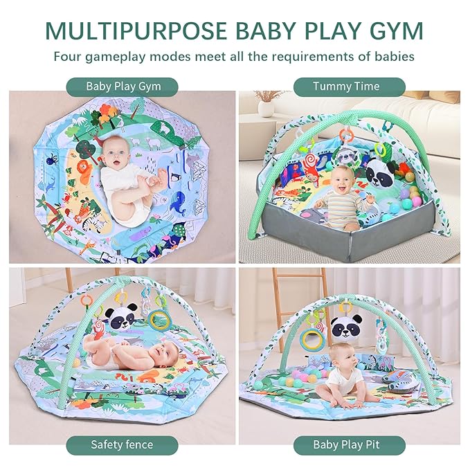 Baby Play Gym & Activity Mat,10-in-1 Tummy Time Mat,Panda Washable Baby Playmat with Detachable Toys,2 in 1 Baby Mat & Fence for Sensory Exploration and Motor Skill Development at Different Stages
