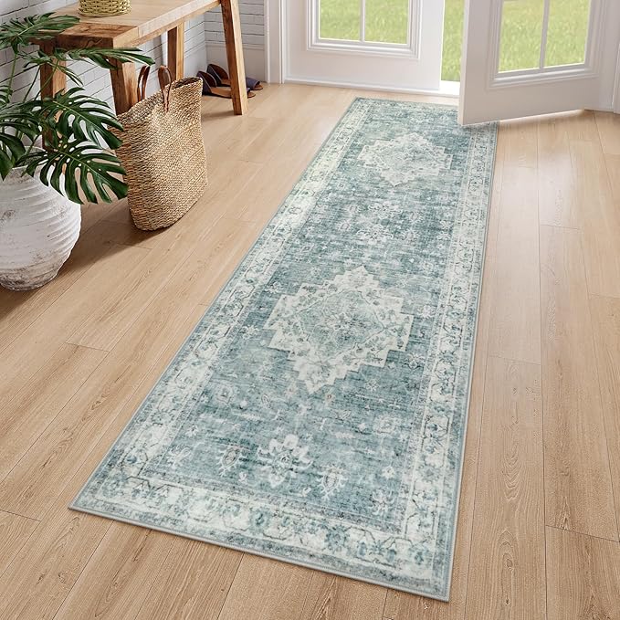 LIVEBOX Washable 2x6 Runner Rug for Bathroom, Non Slip Kitchen Mats for Floor Entryway, Boho Indoor Front Door Mat Low-Pile Runners for Hallways, Farmhouse Rugs for Bath Laundry, Blue