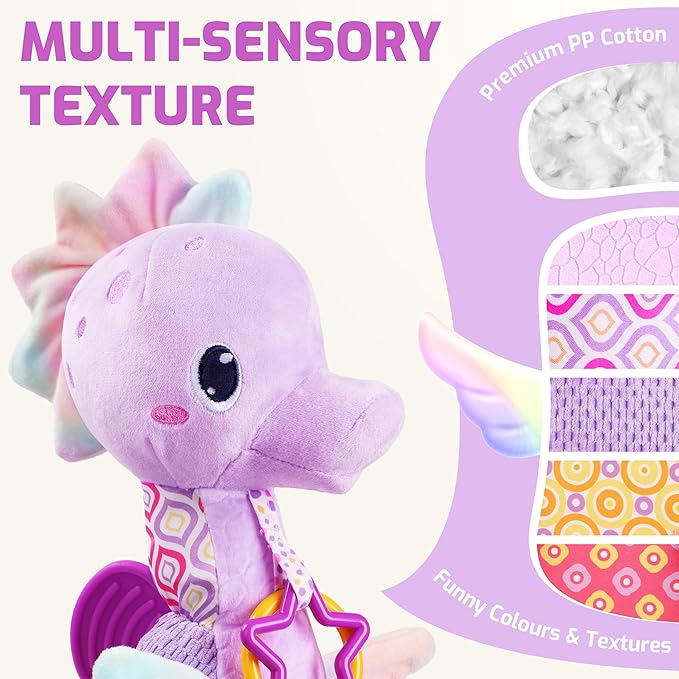 Sumobaby Infant Baby Musical Stuffed Animal Activity Soft Toys with Multi-Sensory Crinkle, Rattle and Textures, for Tummy Time Newborn 0-3-6-12 Months Boys, Girls, Seahorses, Purple