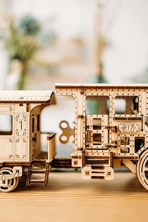 Wood Trick Wooden Toy Train Set with Railway - 34x7″ - Locomotive Train Toy Mechanical Model Kit - 3D Wooden Puzzles for Adults and Kids to Build - Engineering DIY Models for Adults to Build