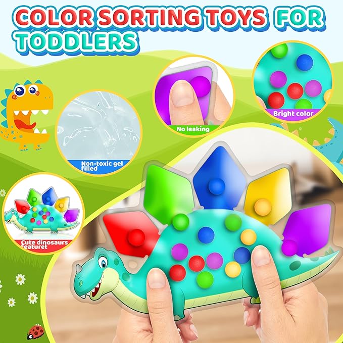 Dinosaur Color Sorting Sensory Toy Gift for Toddler Activities Fine Motor Matching Game Roadtrip Travel Essential Autism Fidgets for Classroom Christmas Stocking Stuffers for Kid 3 4 5 Year Old Boy