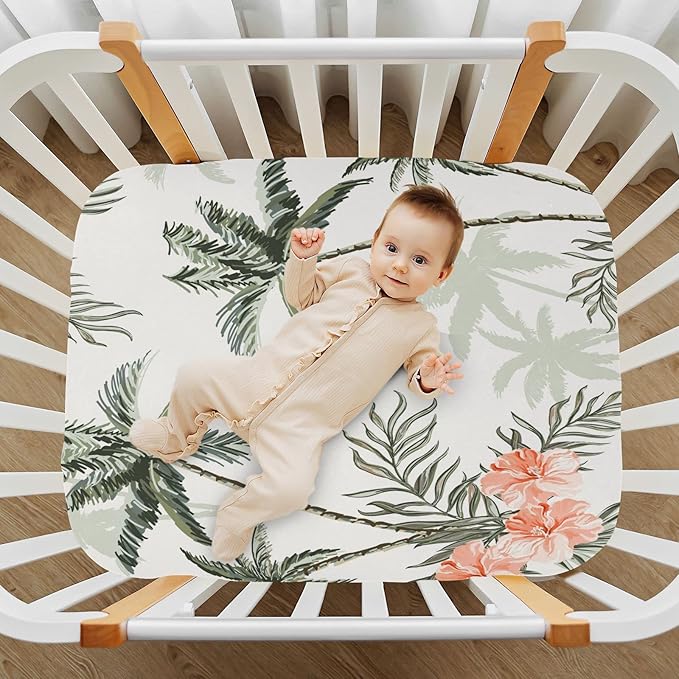 Tropical Vintage Palm Trees Crib Sheets for Boys and Girls, Fitted Baby Crib Sheets Soft and Breathable Mini Crib Sheets 39 X 27 X 5 Inches