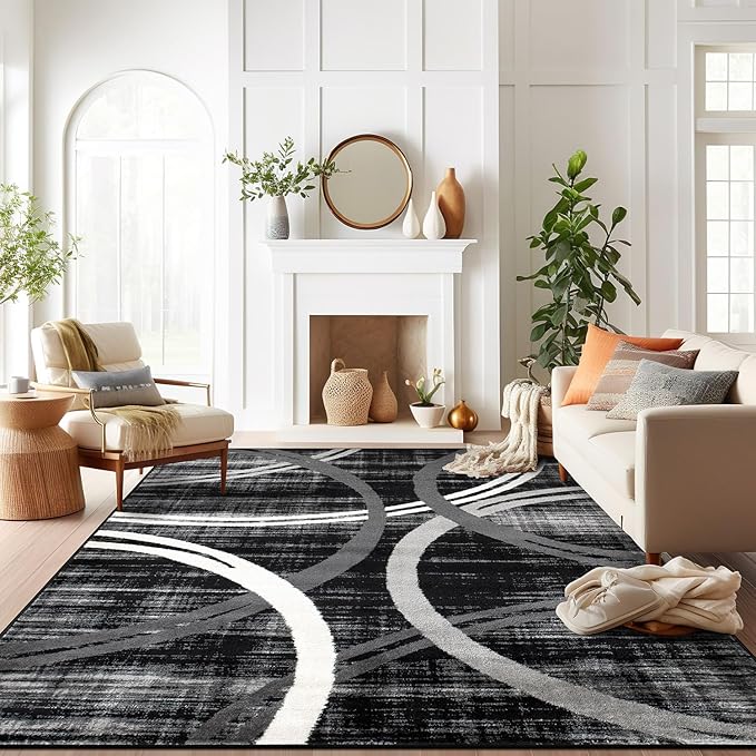 Rugshop Modern Wavy Circles Design Area Rug 10' x 14' Black