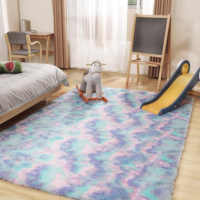 Rainbow Rug for Girls Room, 9x12 Fluffy Area Rugs for Bedroom, Colorful Kids Rug Cute Anti-Skid Indoor Carpet for Nursery, Living Room, Playroom, Home Decor