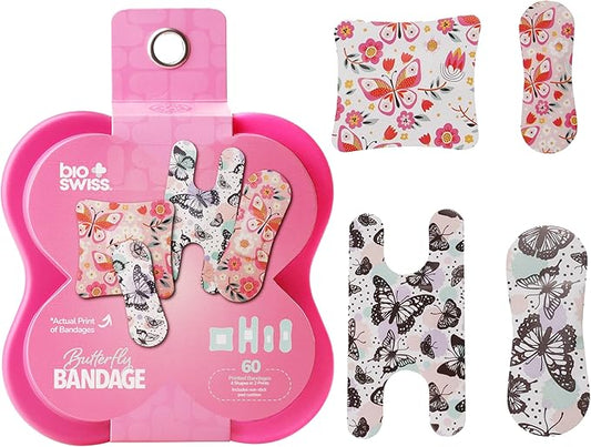 BioSwiss Bandages, Assorted Size Butterfly Print Self Adhesive Bandage, Latex Free Sterile Wound Care, First Aid Kit Supplies for Kids and Adults, 60 Count